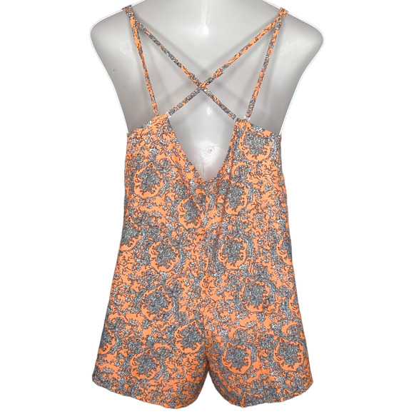 Korean Fashion Neon Orange Floral Sleeveless Strappy Romper Medium - Picture 2 of 9